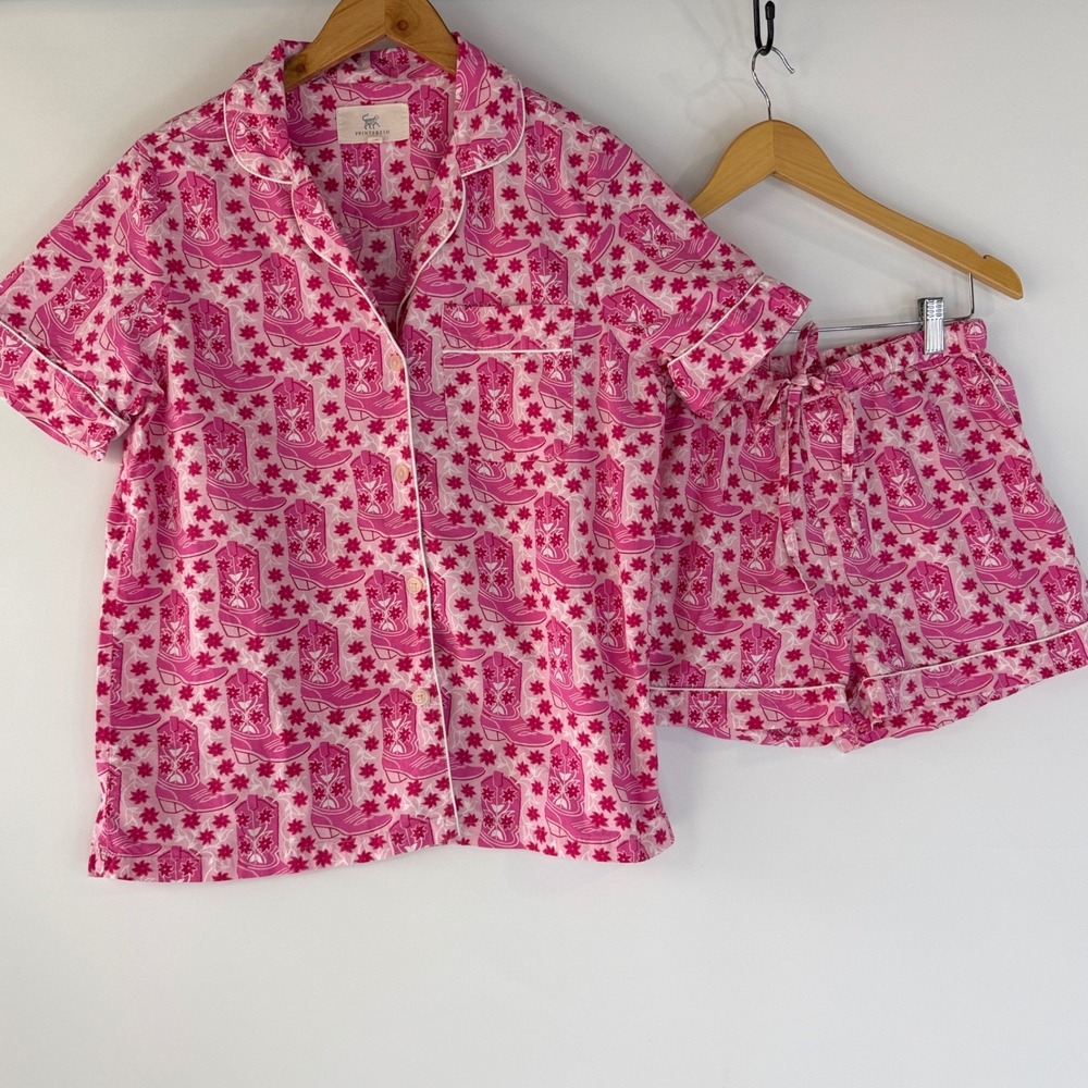 Printfresh Pajama Set Womens S Pink Cowboy Boot Floral Organic Cotton 2pc Short